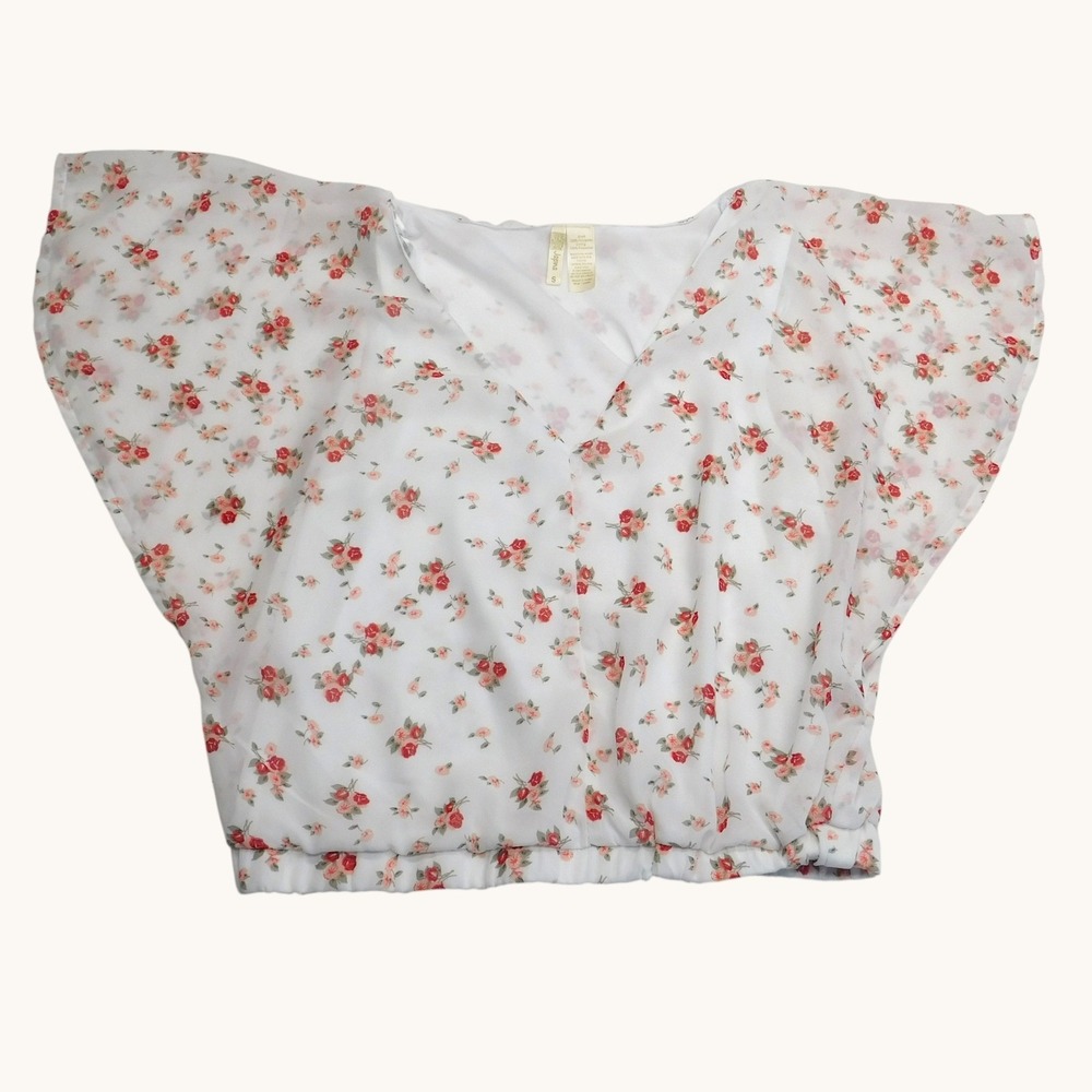 Japna Blouse Small White Floral Crop Top Flutter Sleeve V-Neck Chiffon lined
